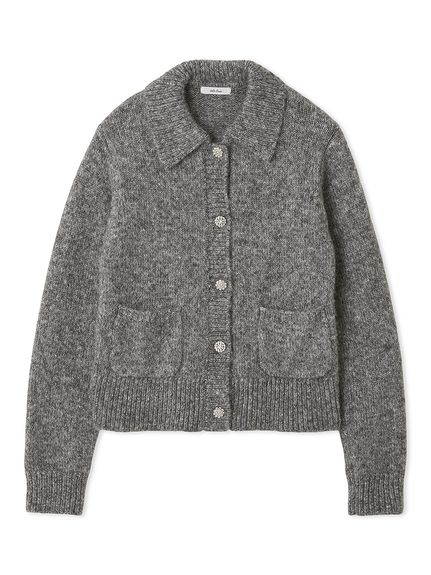 ビジューボタンシャギーポロニットカーディガン(カーディガン