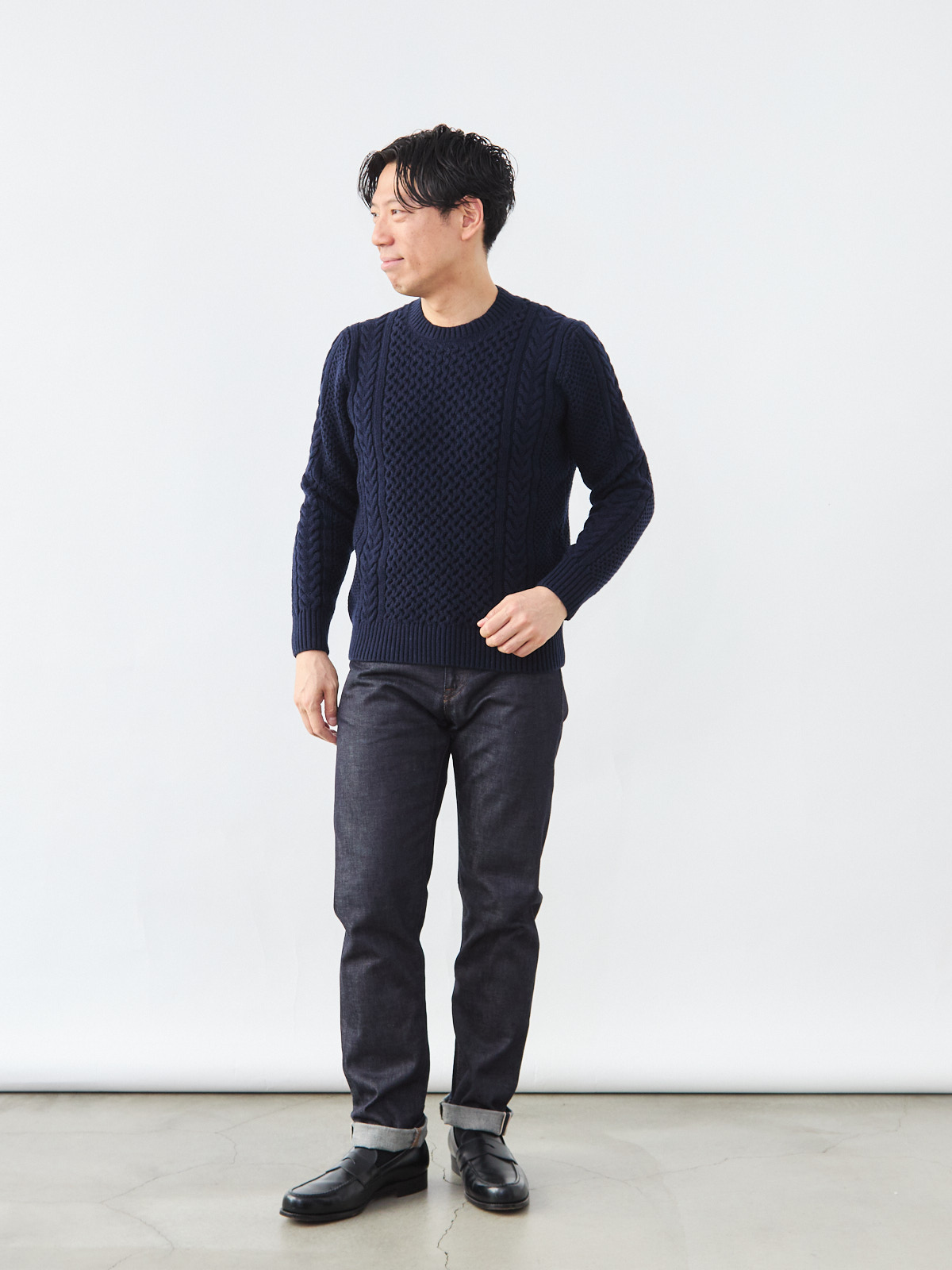 オーセンティック アランケーブルニット/Washable Wool/ネイビー