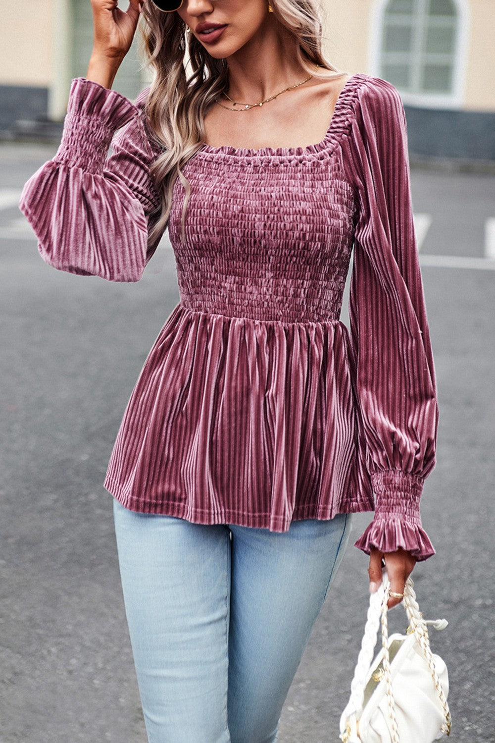 Cheeky Velvet Smocked Babydoll Peplum Top - Pink – Debra's Passion