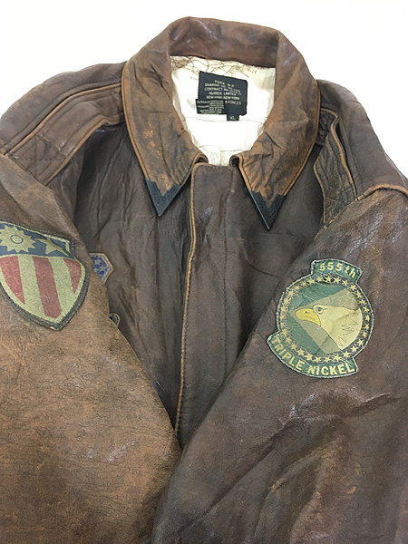 古着 90s AVIREX Type A-2 豪華 ドローイング パッチ 本革 ゴート