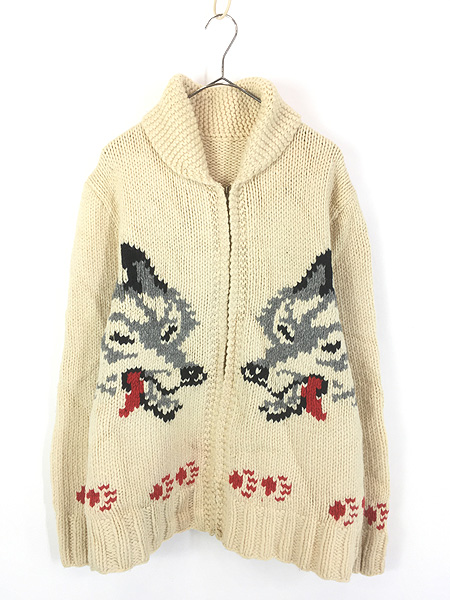 古着 60s 貴重!! 「両面 2匹」 ウルフ オオカミ 柄 ローゲージ ウール