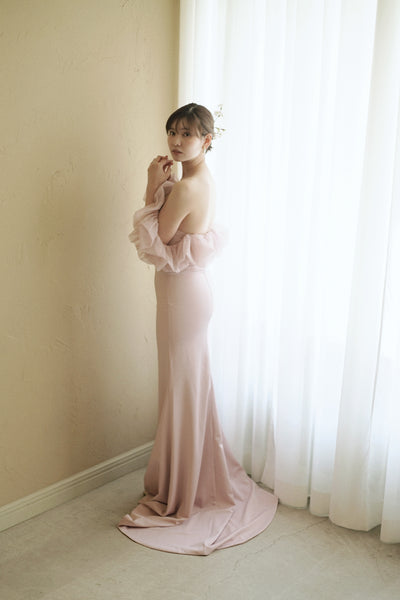 チュールショルダー ソフトマーメイドドレス ダスティピンク（W341DP）