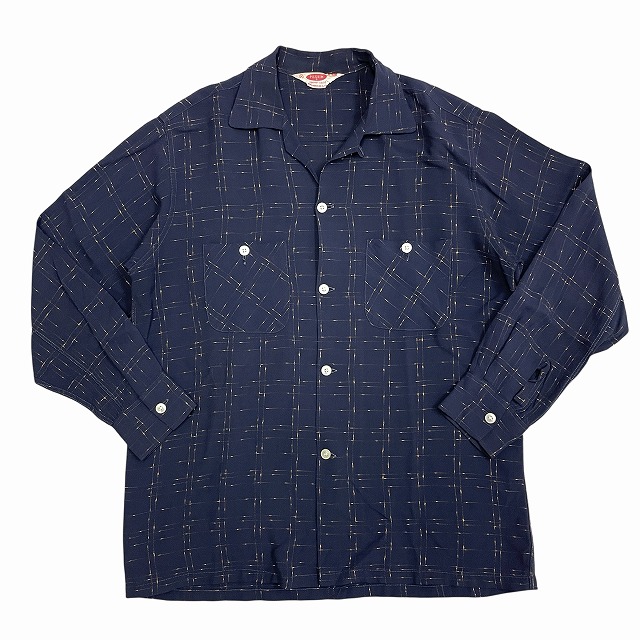 PILGRIM OPEN COLLAR RAYON SHIRT 50S 「カスリ、ネイビー系、サイズM