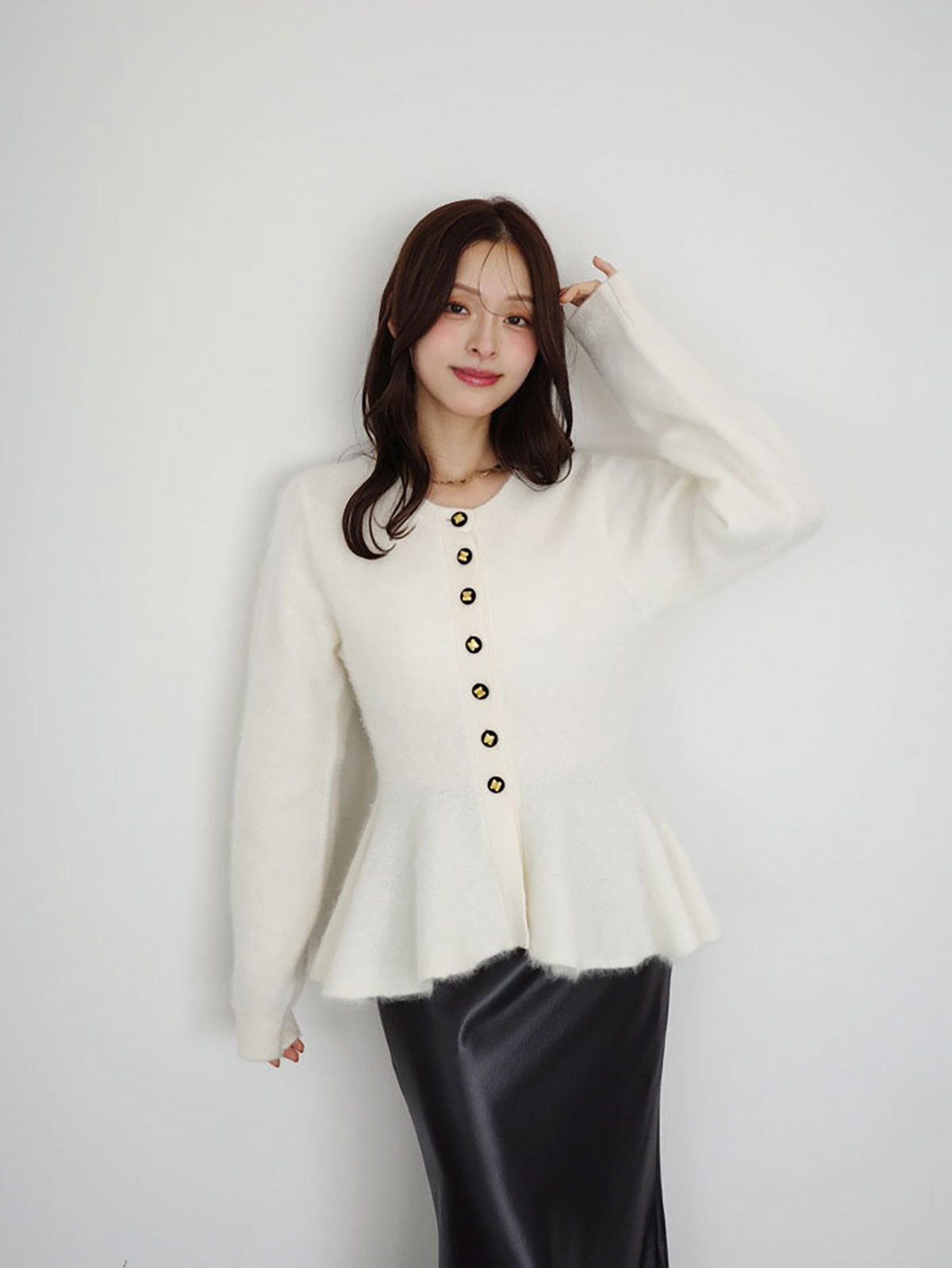 ウール起毛ペプラムニットカーディガン