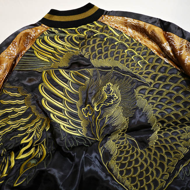 花旅楽団 金筋彫り鳳凰 刺繍 リバーシブルスカジャン ブラック