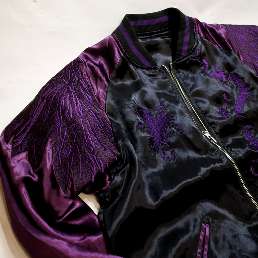 絡繰魂 DAKU 鴉 刺繍 リバーシブル スカジャン ブラック×パープル 244053