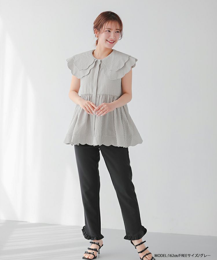 ダブルスカラップギンガムチェックブラウス【宅配便】 | Fit more