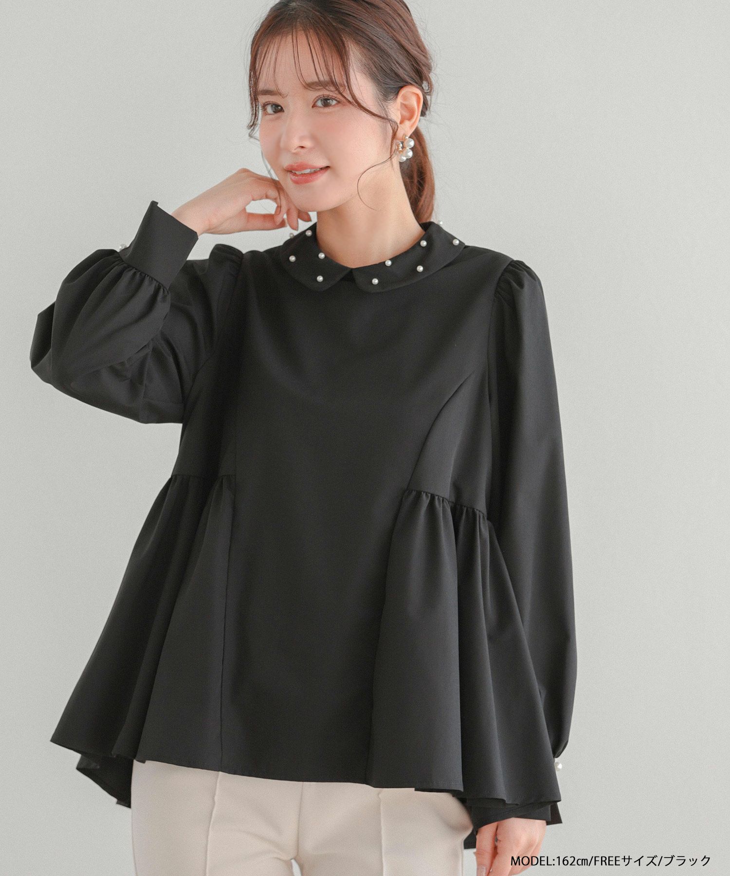 フィットモア パール襟ジャガードペプラムトップス パール襟ジャガード