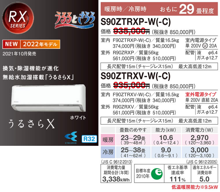 S90ZTRXP-W(-C)、S90ZTRXV-W(-C)ダイキン壁掛型ルームエアコン「うる