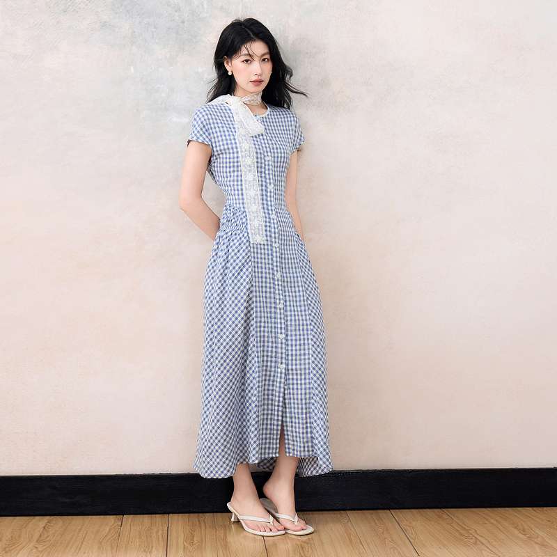 ギンガム チェック レース装飾 ギンガム ロングワンピース ワンピース