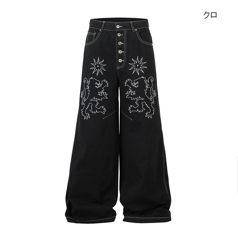 黒パンツ 刺繍入り黒デニムワイドパンツ男女兼用春秋新作 デニム|黒