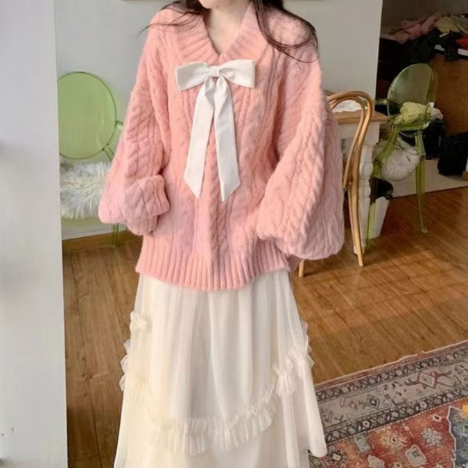 ピンクコーデ ふんわり優雅リボン付きニット ニット|ピンクコーデ専門