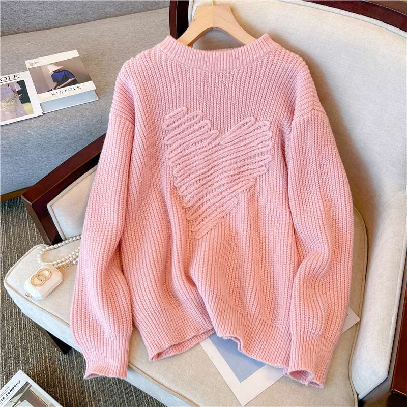 ピンクコーデ ふわもこハート柄ニット♥ピンクセーター トップス