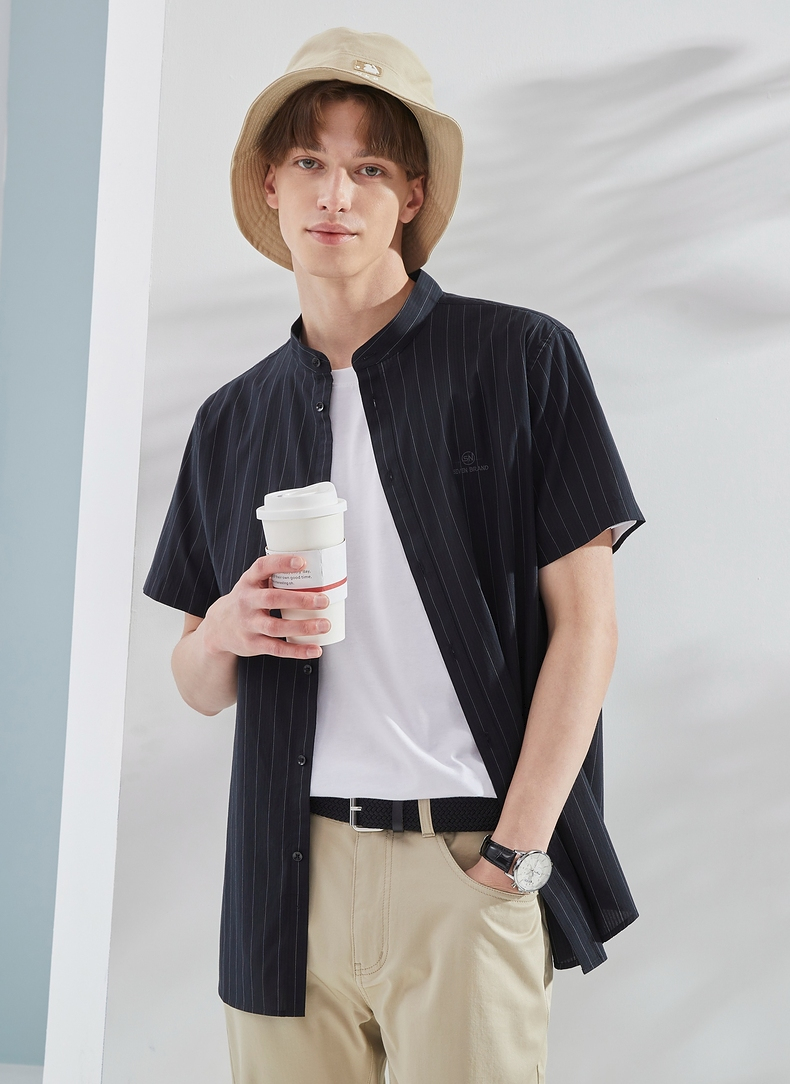 ストライプシャツ スタンドカラー半袖ストライプシャツ 黒|ストライプ