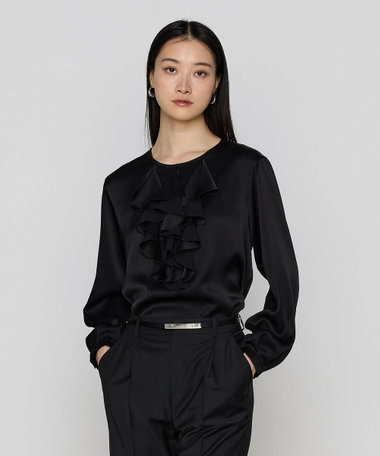 トリアセバックサテンジョーゼット ラッフルブラウス（01-02HK02-205