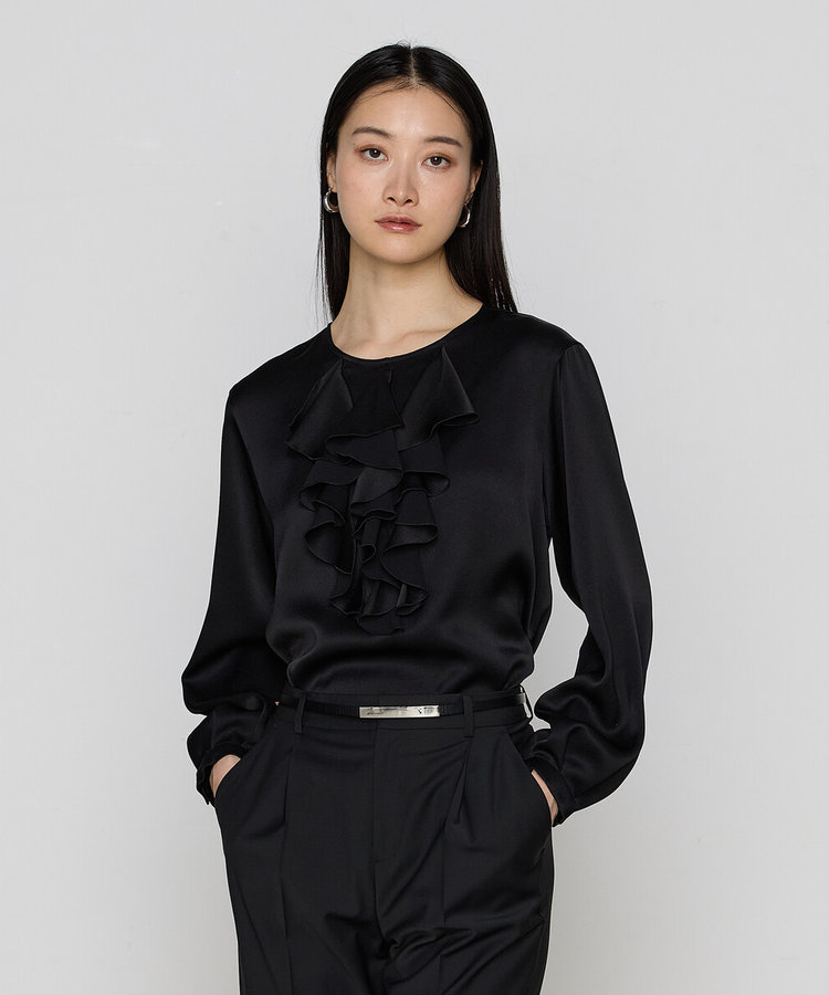 トリアセバックサテンジョーゼット ラッフルブラウス（01-02HK02-205