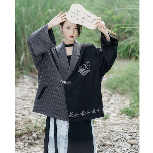 Qoo10] チャイナ風コート ブラック 綴り合せ プ