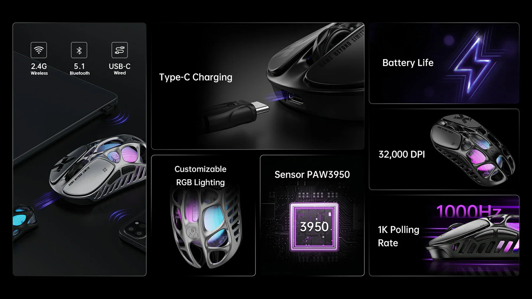 Mercury X 超軽量49g ワイヤレスゲーミングマウス 32000DPI RGB照明