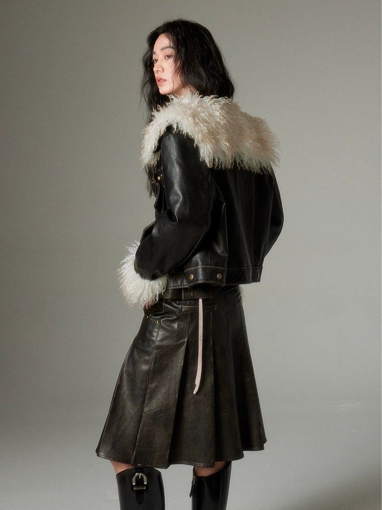 DIDDI MODA ファー付きラペルブラックレザージャケット – 個性的な