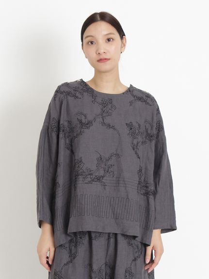 Vert フレンチリネン ボタニカル柄刺繍ブラウス（ブラウス）｜KEI