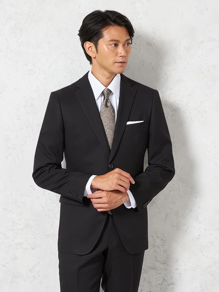 スーツ 2つボタン【WEB限定】4WAYストレッチ ストライプ ブラック 通年