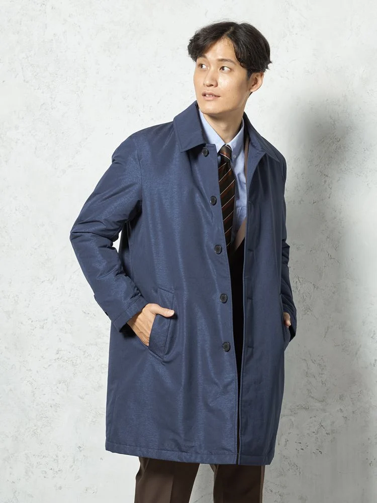 ネイビー 【撥水加工】ステンカラーコート 中綿入り スプリット