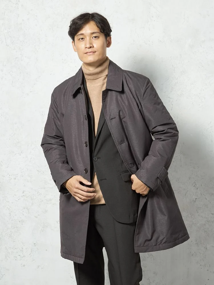 ネイビー 【撥水加工】ステンカラーコート 中綿入り スプリット