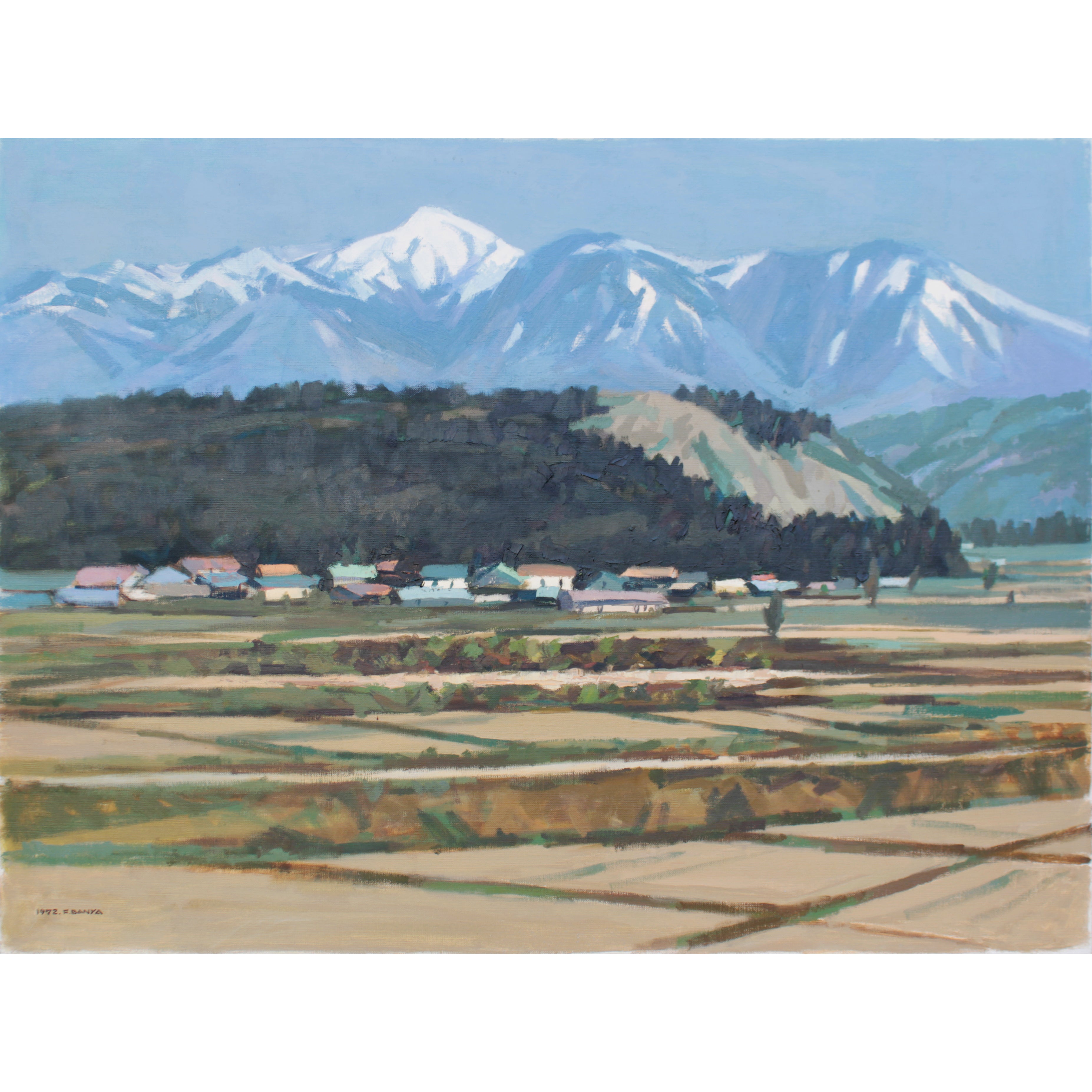 萬谷藤男 『山村風景』 油彩画 - 北海道画廊