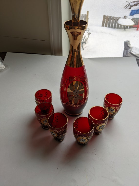 Antique Venetian Art Murano Italy Hand Painted Glass Decanter Set