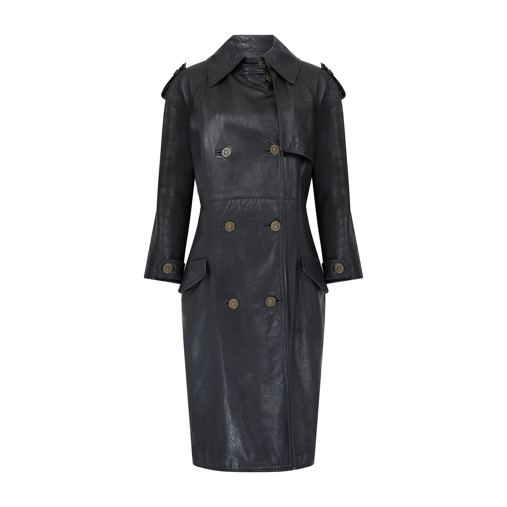 1990s Gianni Versace Black Leather Trench Coat With Medusa Buttons