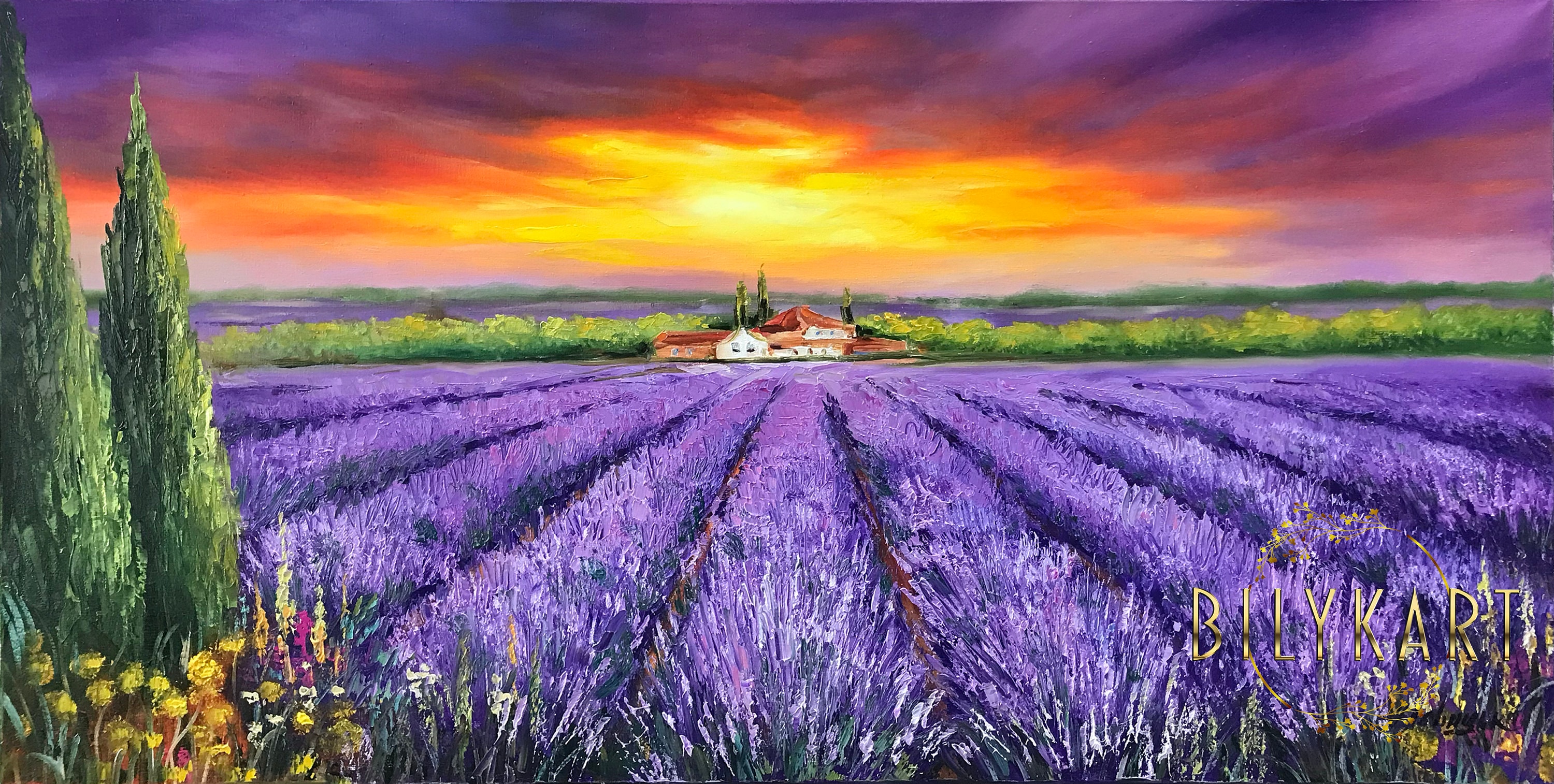Lavender Field Landscape Oil Painting Original Tuscan Villa Framed