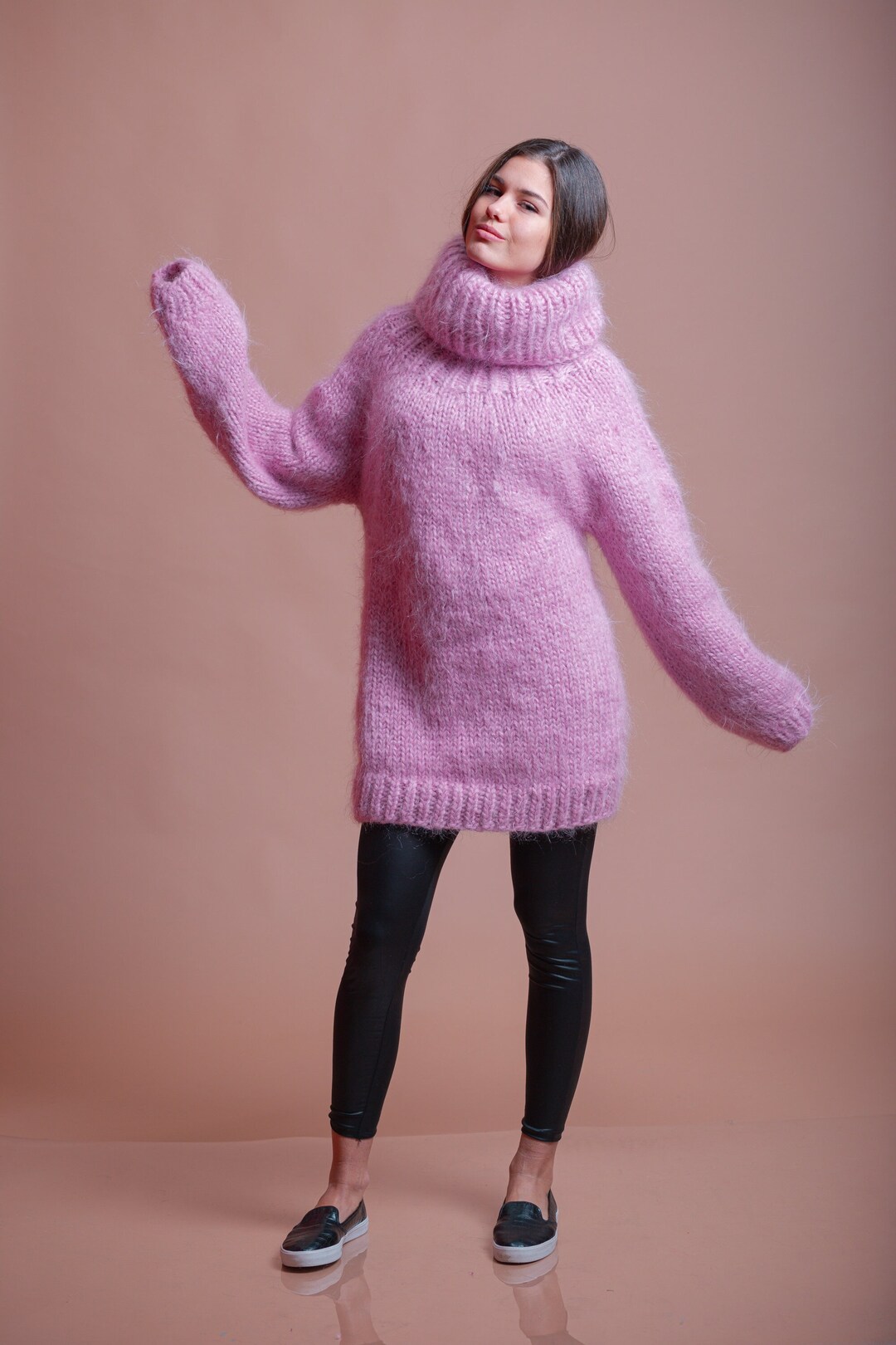 Pink Mohair Sweater, Chunky Turtleneck Jumper, Warm Comfy Pullover