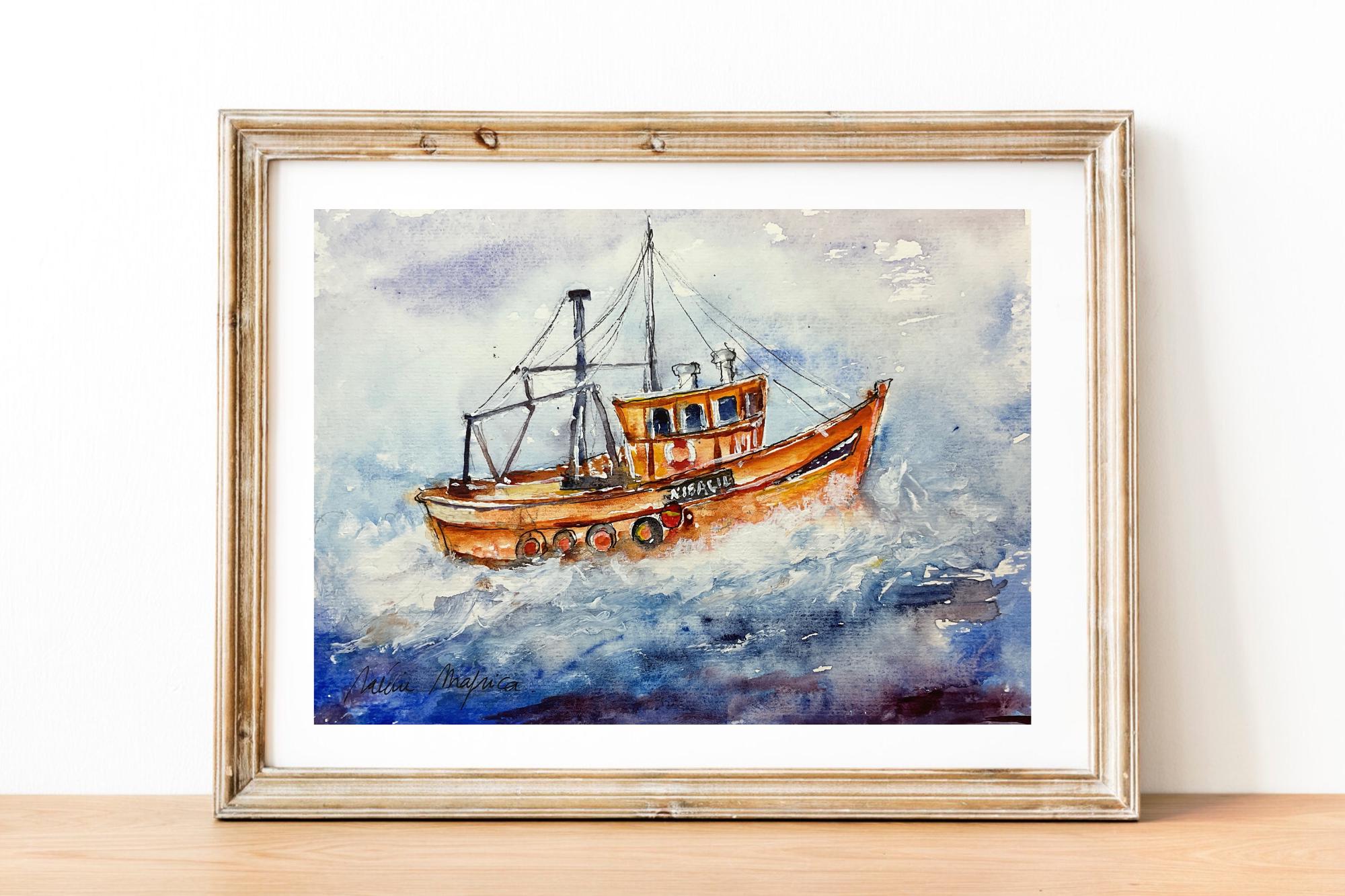 水彩画 漁師と漁船 2012年作 原画 額装済み 水彩画 漁師と漁船 2012年