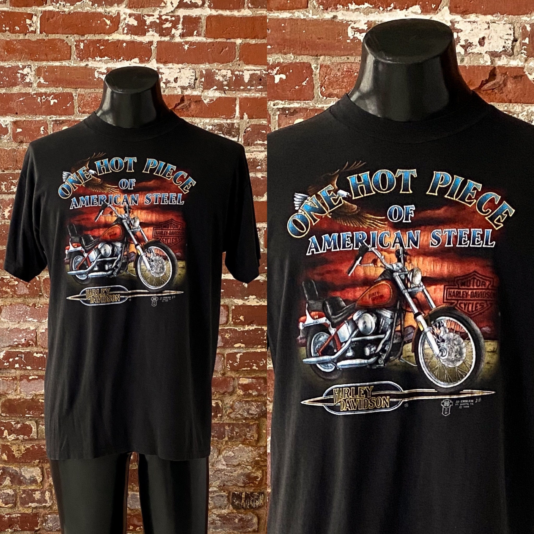 80s 3D Emblem Harley Davidson One Hot Piece of American Steel T