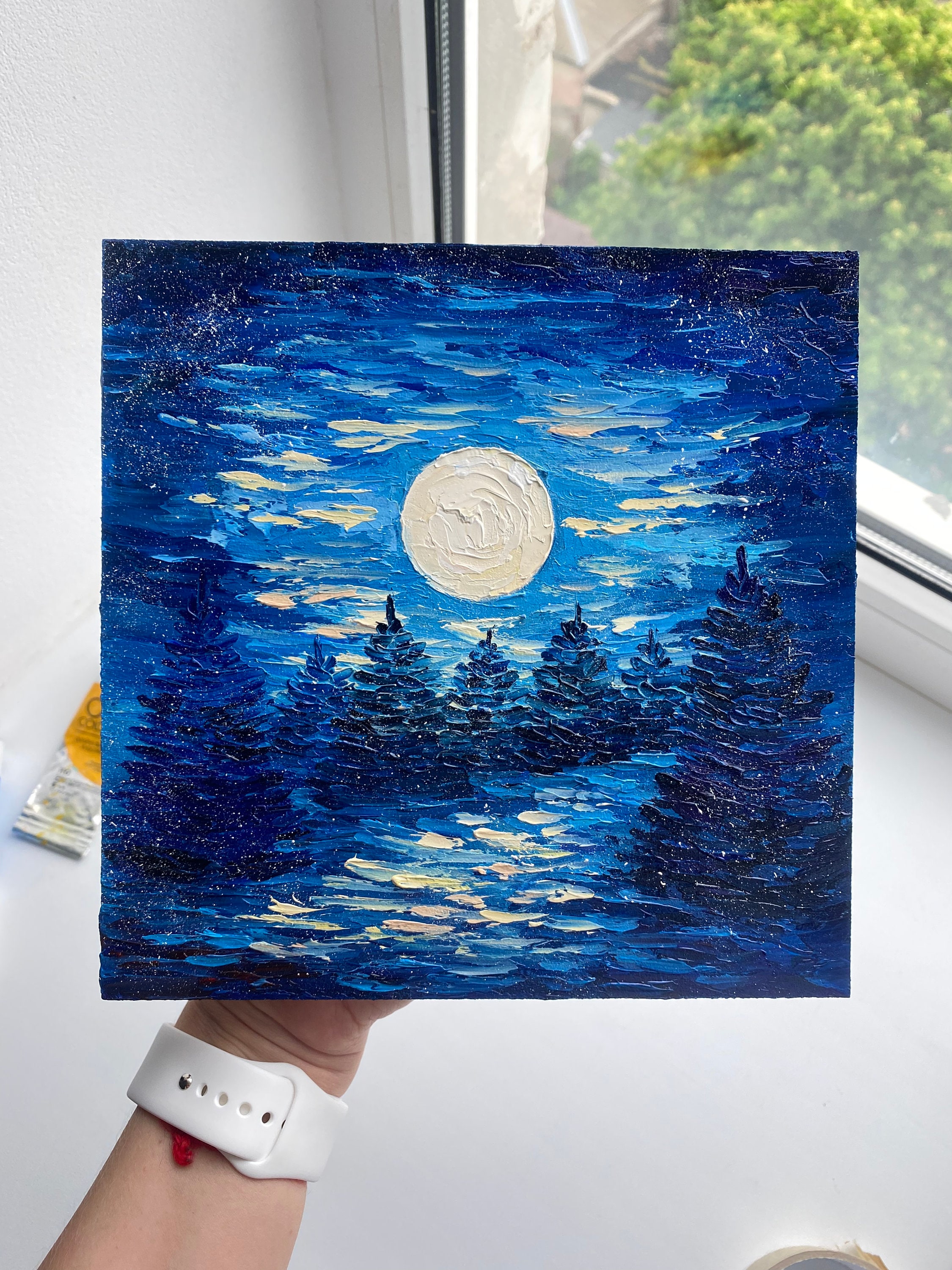 満月の松の木の油絵：夜の森のインパストアート（8x8） - Etsy 日本