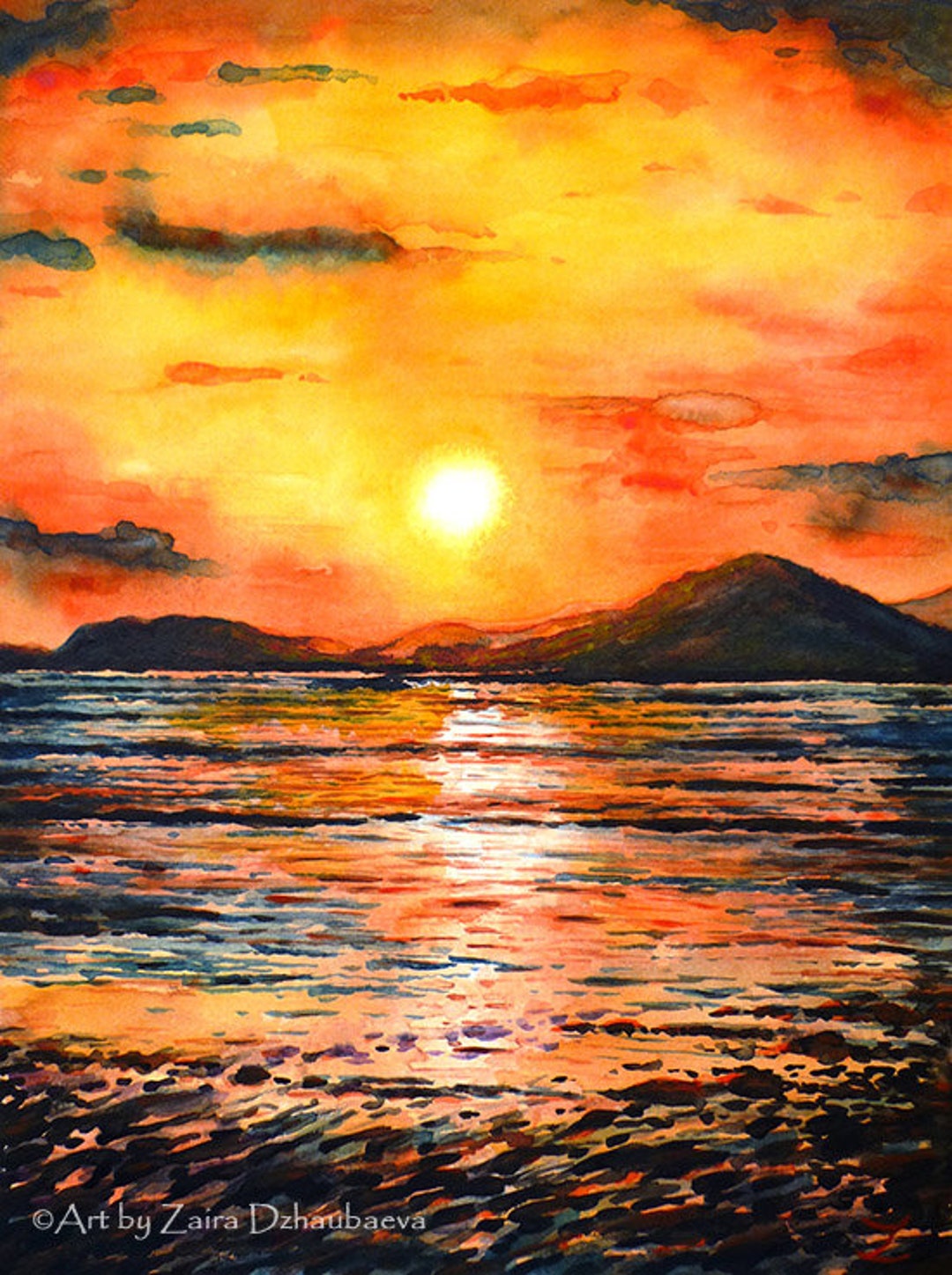 オレンジ色の夕日の壁アートプリント ビーチ 海岸 海 海洋 カラフルな