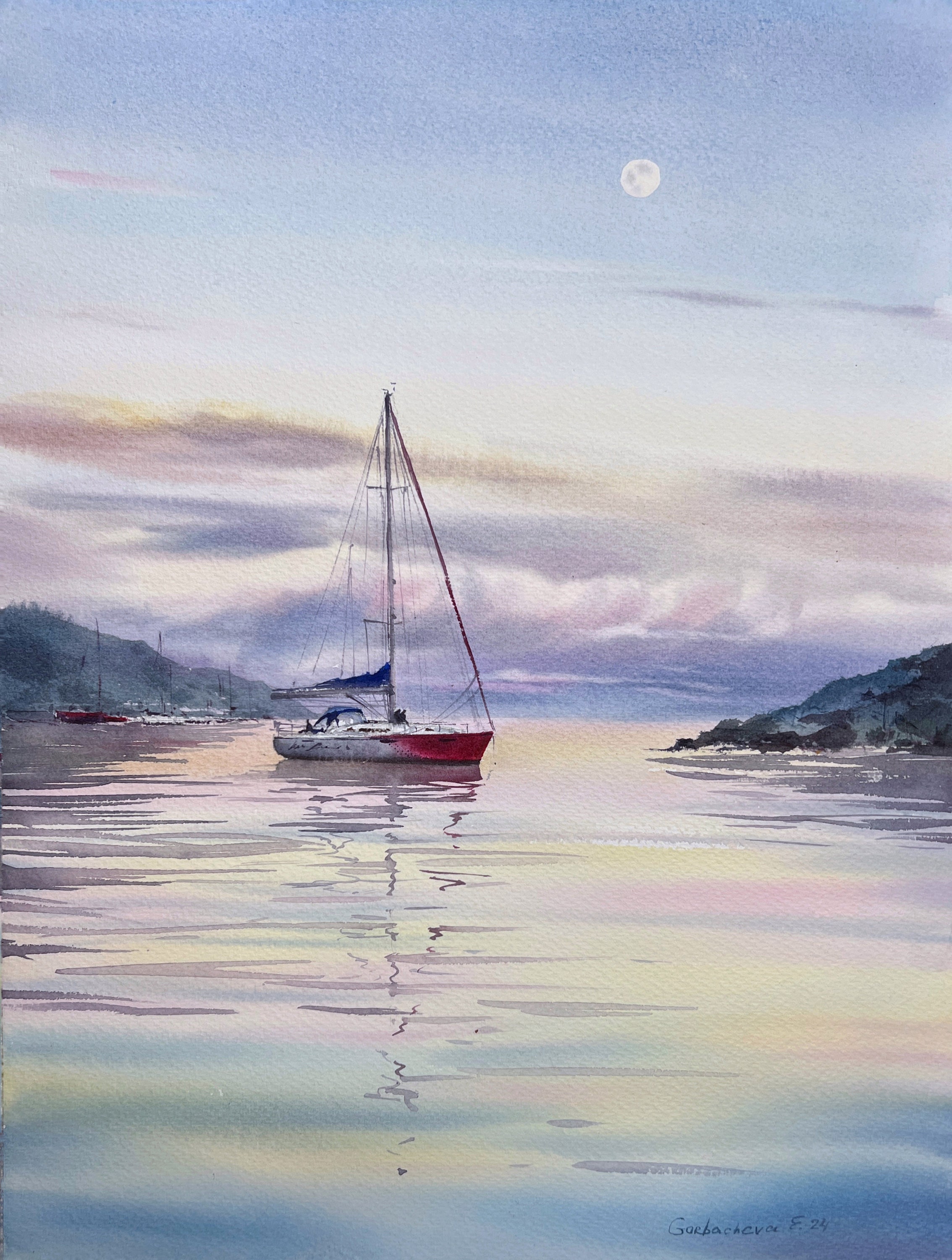 オリジナル帆船水彩画：海岸の海景アート（12 x 16インチ） - Etsy 日本