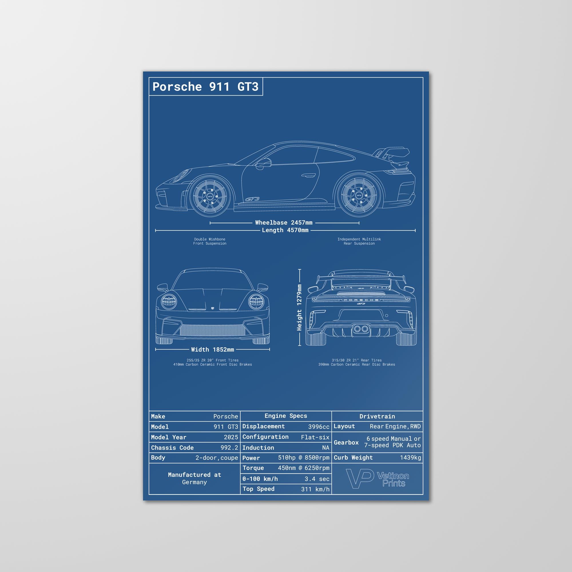 ポルシェ 911 GT3 992.2 設計図ポスター、ポルシェ 911 設計図