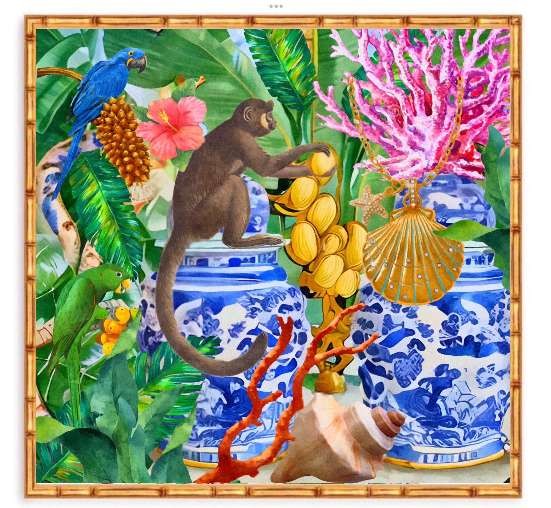 Grandmillennial Art, Monkey, Parrors and Chinoiserie Jars in