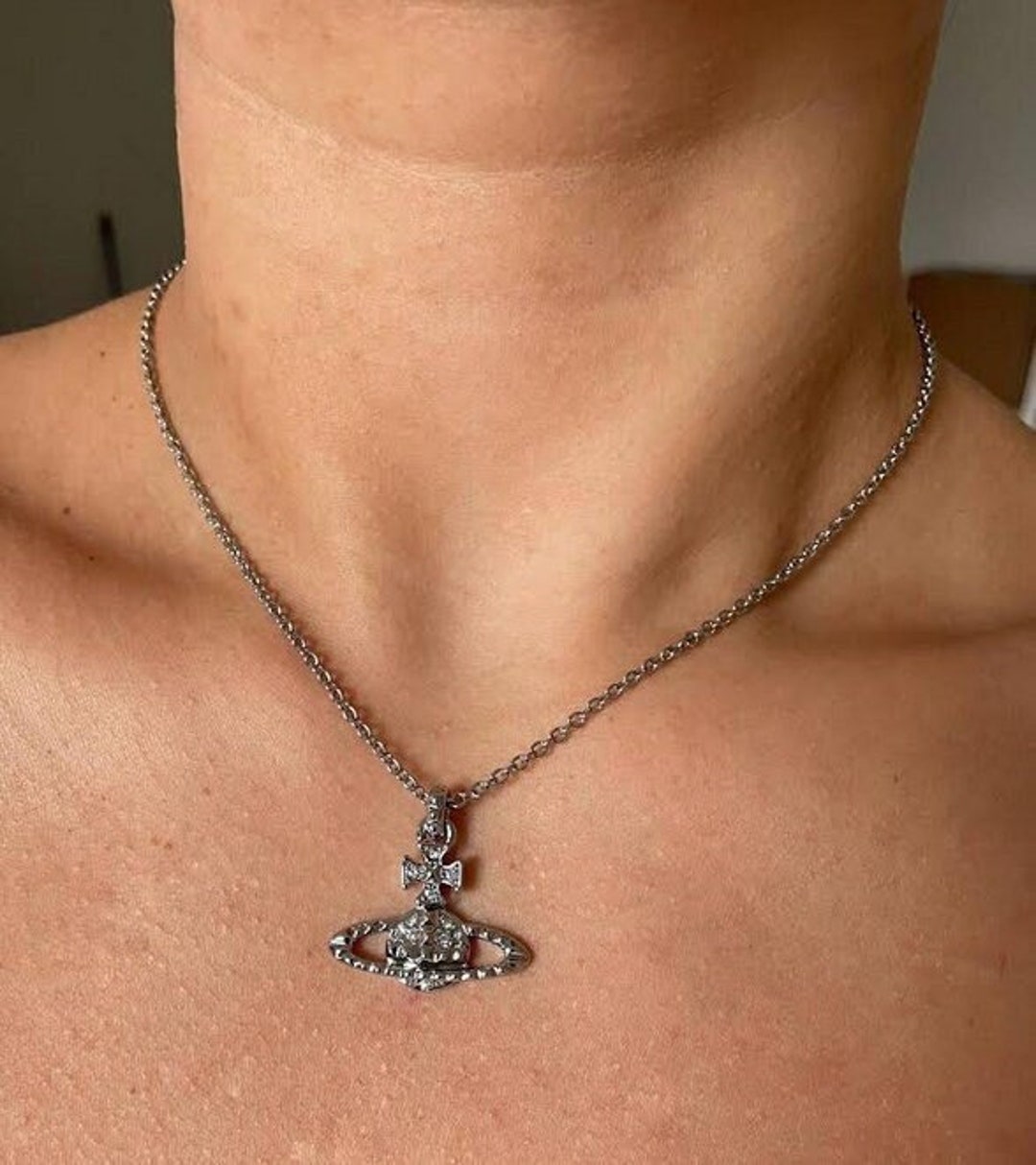 In Box Vivienne Westwood Silver Orb Necklace With White Crystals