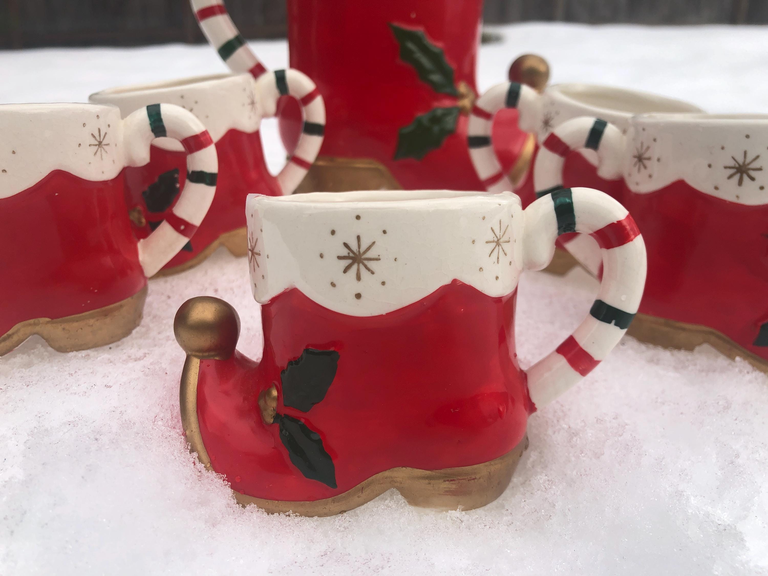Vintage Christmas NAPCO Candy Cane Santa Boot Pitcher & Mug Set