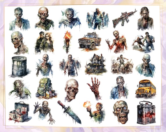 Zombie Apocalypse. Watercolor Style Illustrations. Horror Fantasy