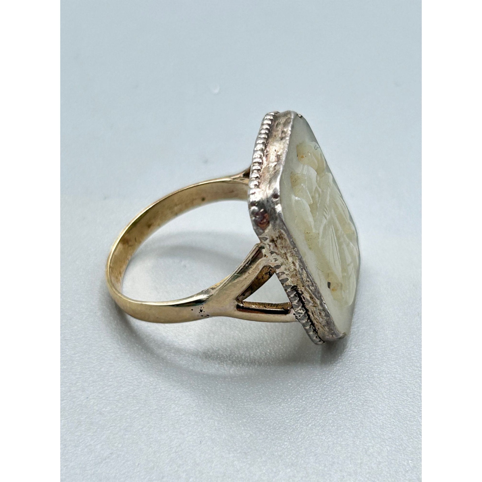 14K ゴールド リング 彫刻入り グリーン ストーン スターリング