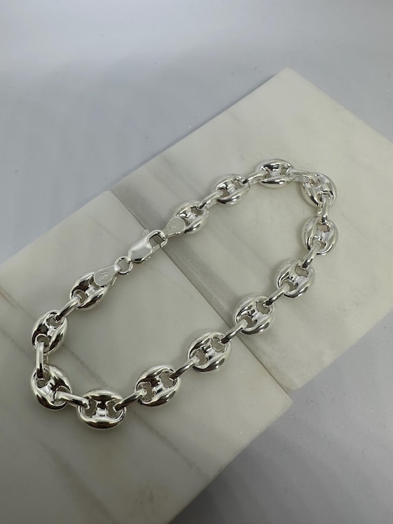 Solid 925 Sterling Silver 9mm Anchor Marine Chain Link Bracelet
