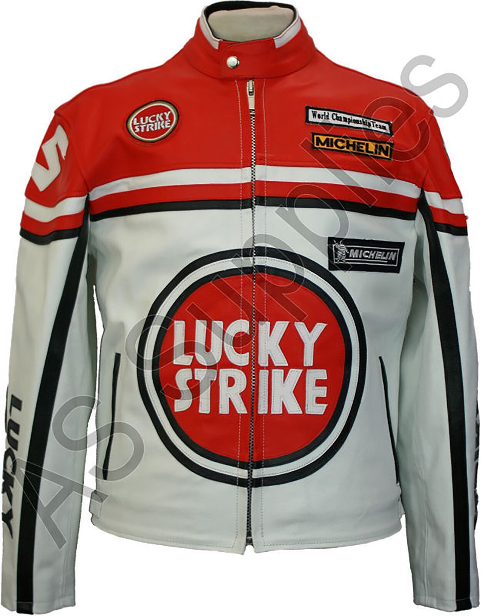LUCKY STRIKE Leather Motorcycle Jacket - White/Red - Classic Biker