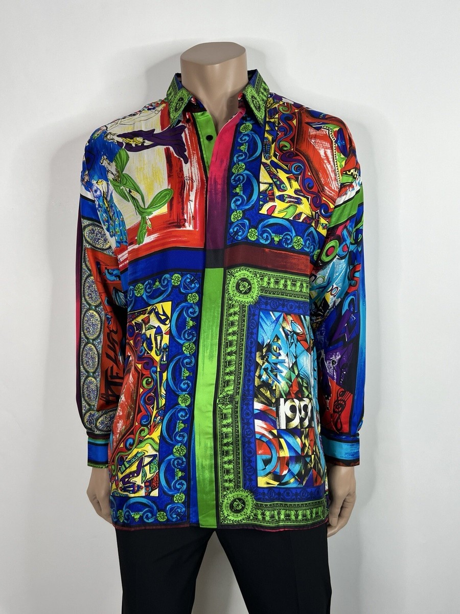 Vtg GIANNI VERSACE 1991 MULTICOLOR ATELIER PRINT SILK SHIRT 44 XS