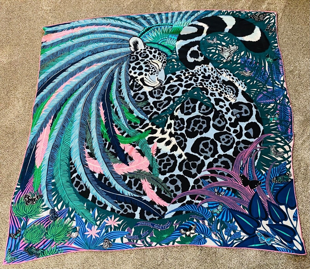 Hermes Shawl Jaguar Quetzal 140 cm Cashmere Silk Scarf Blue