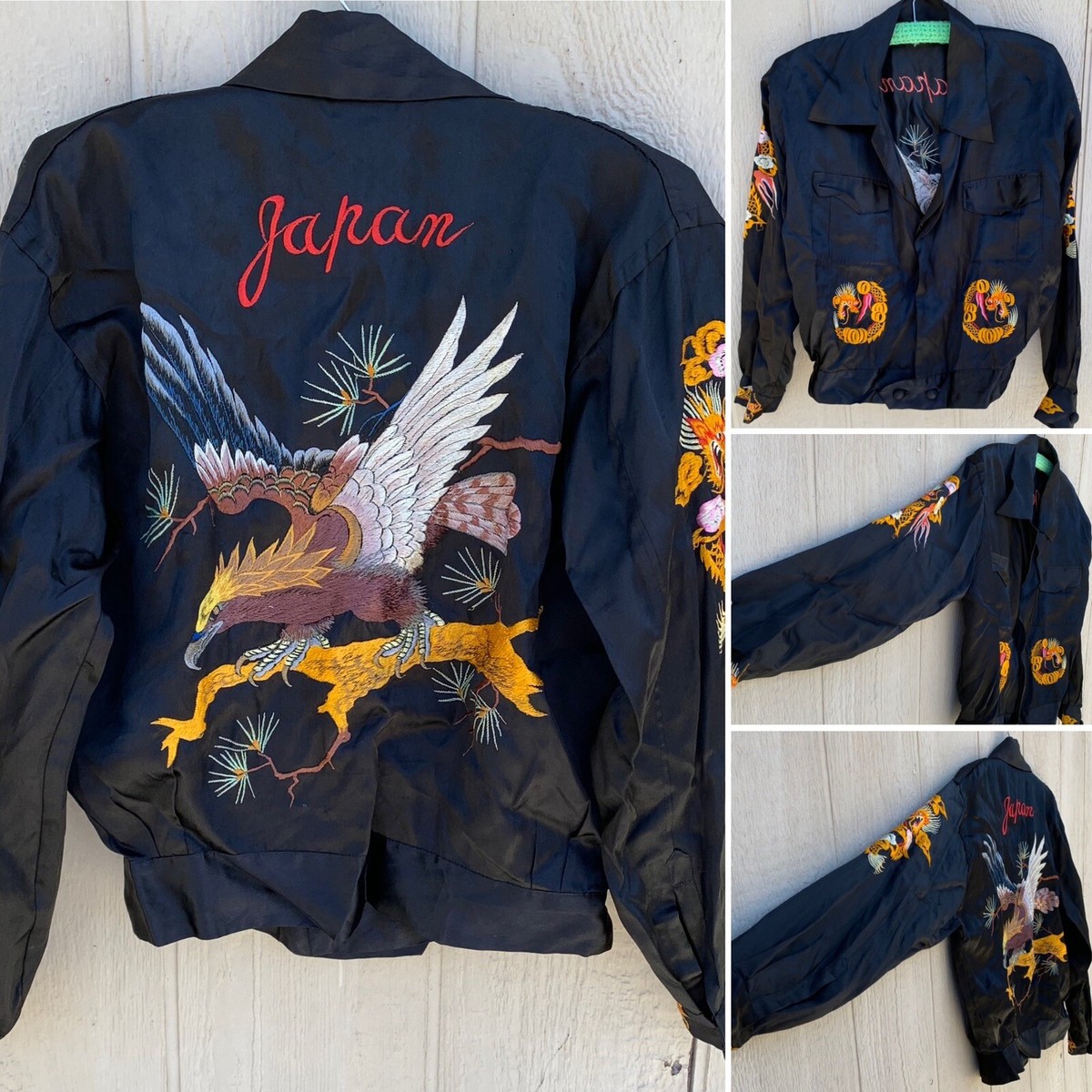 Japan embroidered souvenir jacket black satin look vintage Ike