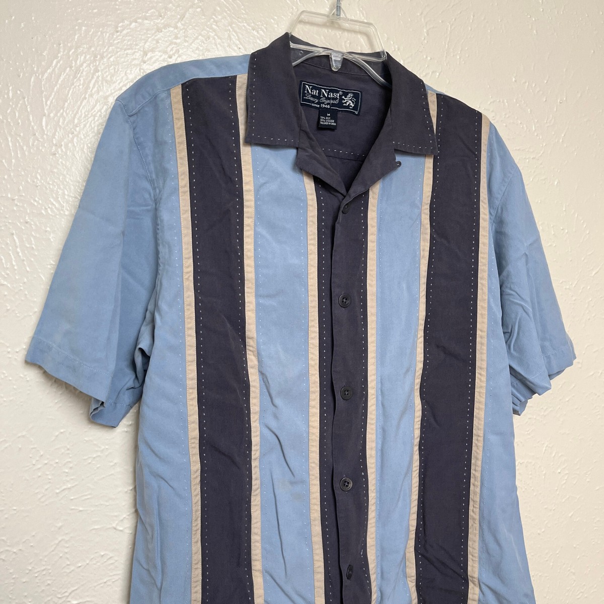 Nat Nast Shirt Mens M Blue Striped Silk Viscose Short Sleeve Loop