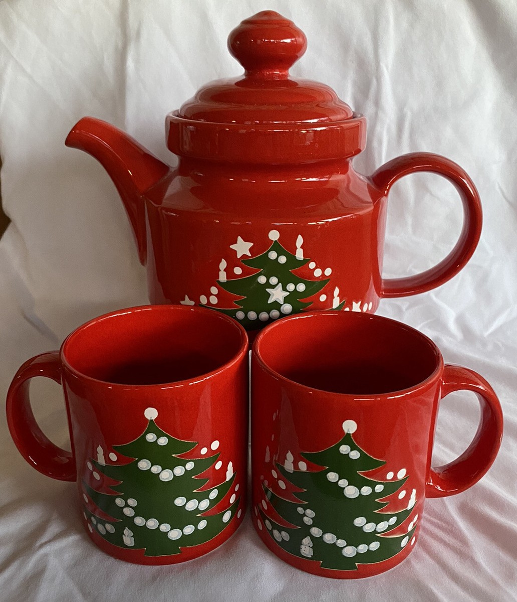 Vintage Waechtersbach W. Germany Red Christmas Tree Teapot & 2